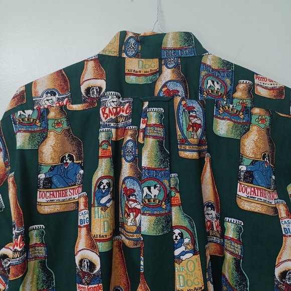 SOLD!--Big Dogs Vintage Hawaiian Shirt, Beer Bottles, Short Sleeve, Green, Large - Picture 3 of 6